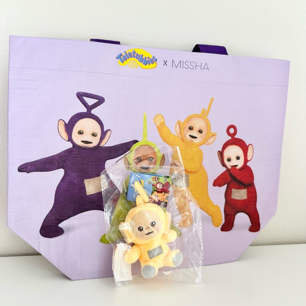NWT Missha x Teletubbies Laa-Laa Tote Bag & Yellow Bag Charm Plush